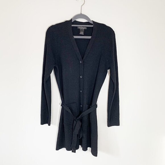 Sarah Spencer black button front tie waist tunic length 100% italian merino wool - Picture 1 of 6